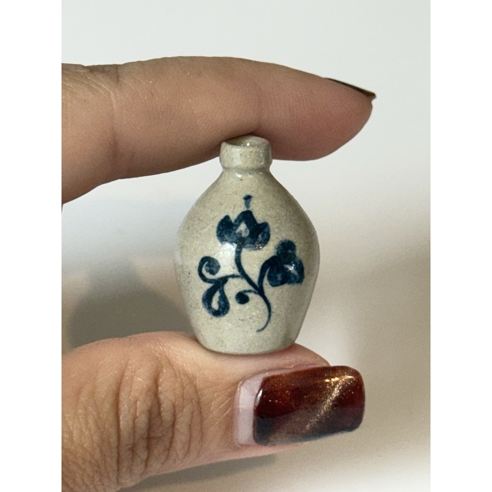 CNC Miniature Stoneware Jug Cobalt Blue Floral Salt Glaze Dollhouse Pottery